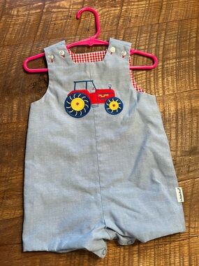 The Bailey Boys Reversible Blue Baby Romper with Red Tractor Applique
